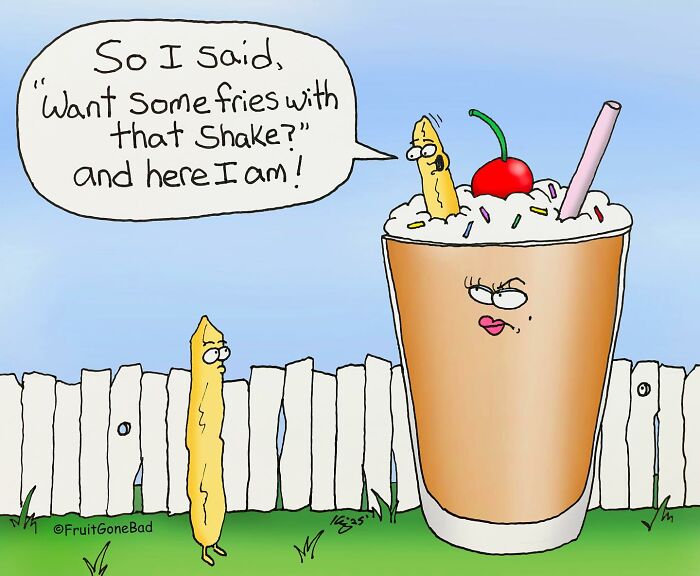 Cartoon fries and a milkshake with a cherry and sprinkles, showcasing funny fruit gone bad comic style humor.