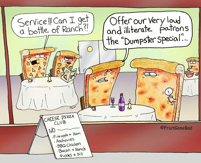 Cartoon of animated cheese pizza slices in a restaurant, humorously bringing produce and food objects to life.