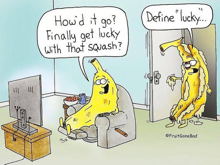Cartoon of anthropomorphic banana characters in a humorous scene from Fruit Gone Bad comics about produce and objects.