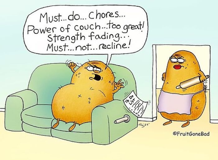 Potato character on a couch resisting chores while another potato holds a rolling pin in a funny fruit gone bad comic.