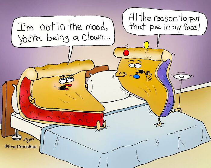 Two animated pie slices talk humorously in a bedroom scene, showcasing funny fruit gone bad comic style.