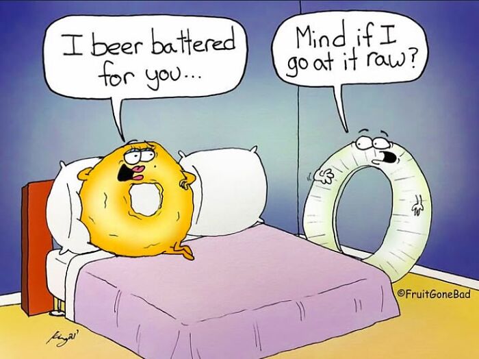 Funny comic from Fruit Gone Bad showing a beer battered onion ring and a raw onion in a humorous bedroom scene.