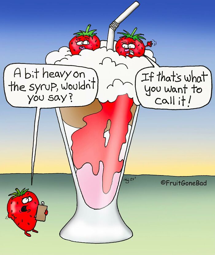 Cartoon strawberries talking in a milkshake, humorously bringing fruit and produce to life in a funny comic style.