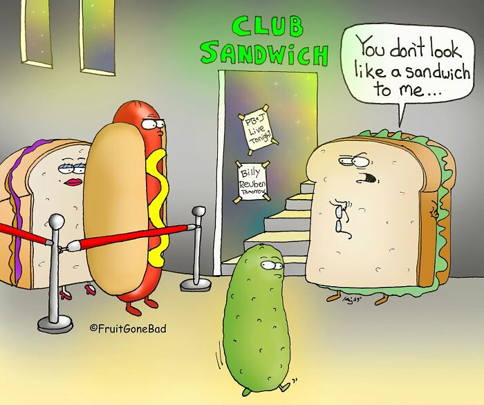 Cartoon of anthropomorphic sandwich, hot dog, sandwich slice, and pickle at a club, funny produce comic from Fruit Gone Bad.
