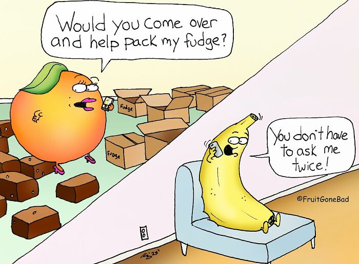 Peach and banana characters in a funny comic scene about packing fudge, from Fruit Gone Bad comic series.