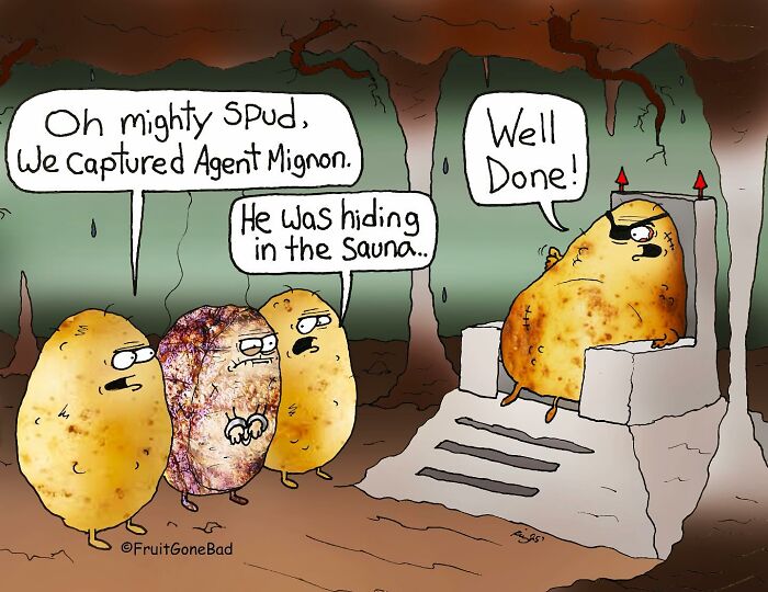 Funny comic of anthropomorphic potatoes with one sitting on a throne, showcasing fruit gone bad humor.