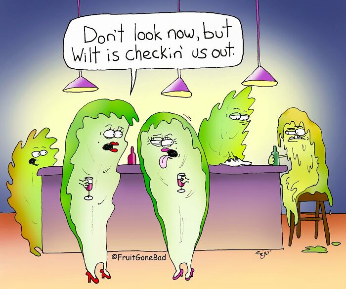 Two spoiled cucumbers gossiping at a bar with other rotten vegetables in this funny Fruit Gone Bad comic.