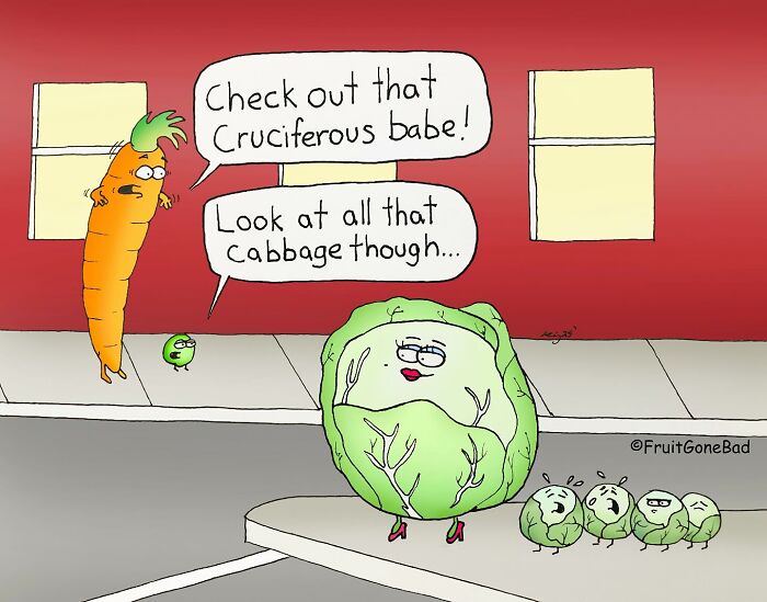 Funny Fruit Gone Bad comic with anthropomorphic carrot, peas, and a confident cabbage walking on a sidewalk at night.