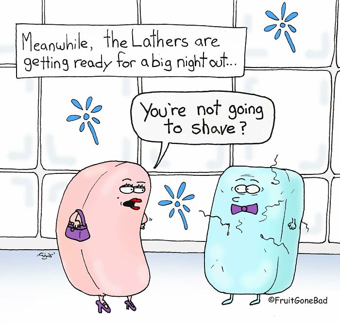 Cartoon soap bars with faces and accessories preparing for a night out in a funny fruit gone bad comic.