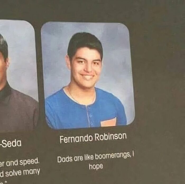 Yearbook photo of a smiling young man with a humorous caption, fitting the pleasures of the occult and out of context theme.