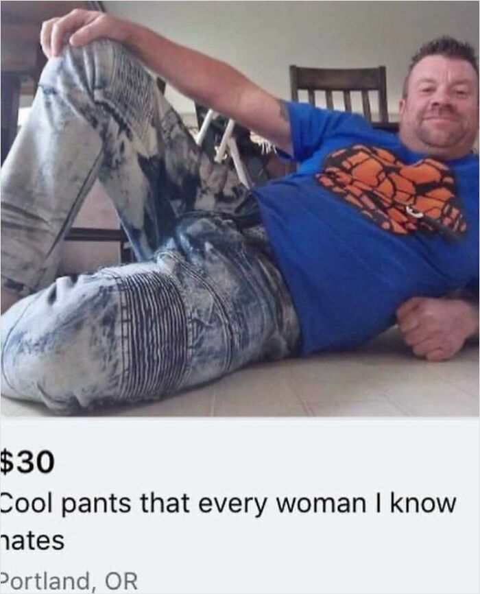 Man lounging on floor wearing blue shirt and distinctive pants in a humorous out of context pleasures of the occult image.