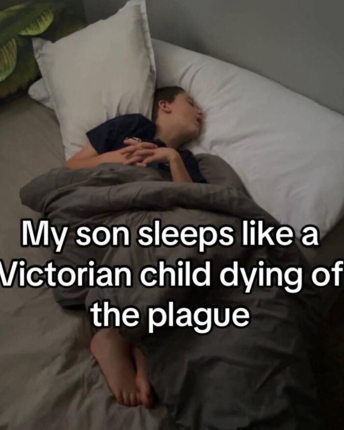 Young boy sleeping in bed with a caption about Victorian child and pleasures of the occult humor.