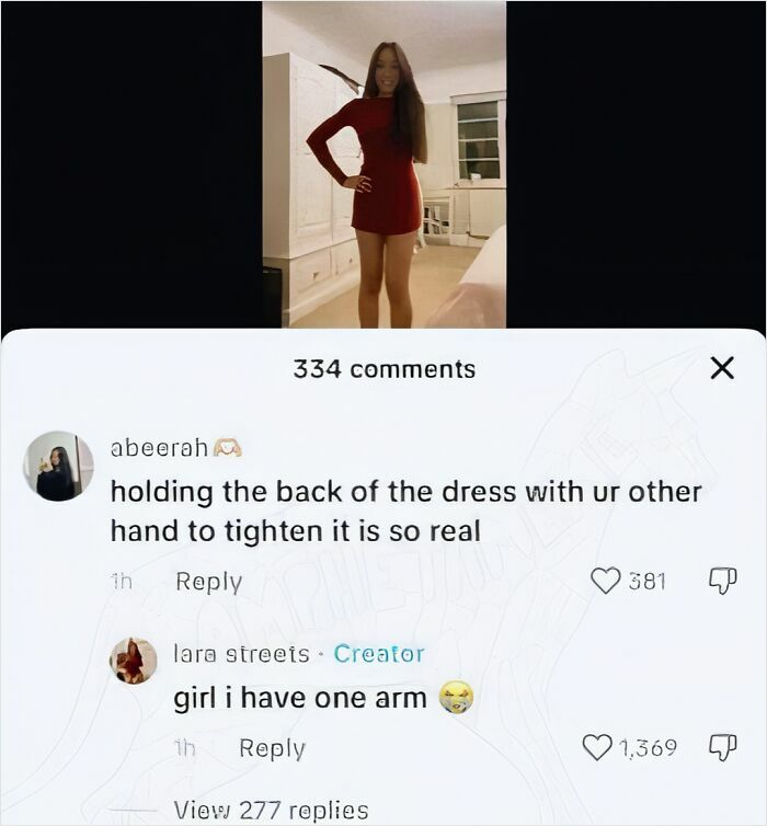 Woman in a red dress with one arm responding humorously in comments, showcasing pleasures of the occult humor online.