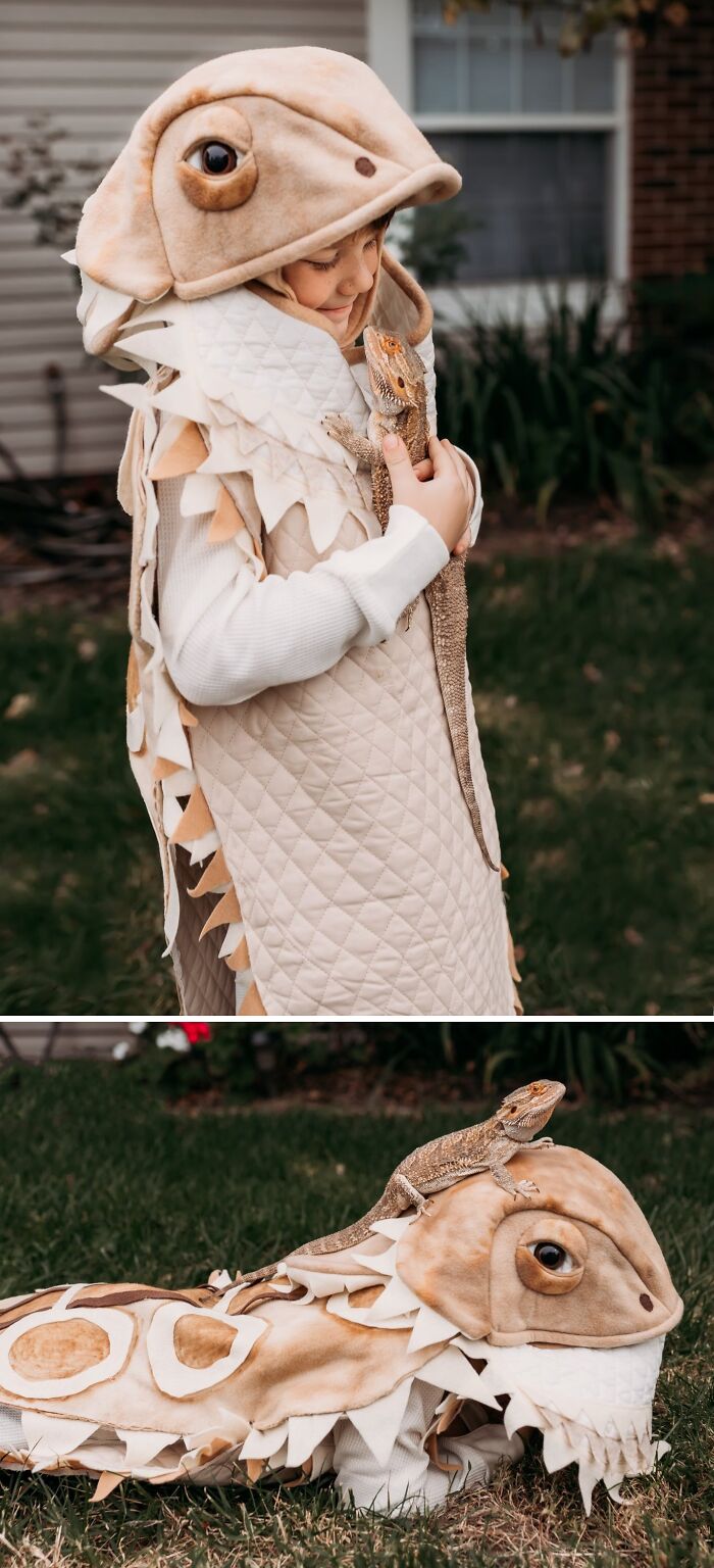 Child in a creative kids Halloween costume holding a lizard, showcasing amazing kids Halloween costume ideas that worked like magic.
