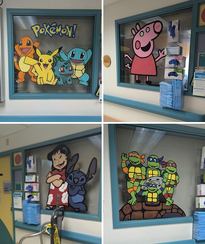 Colorful cartoon characters painted on hospital windows to cheer and comfort patients in a wholesome doctor setting