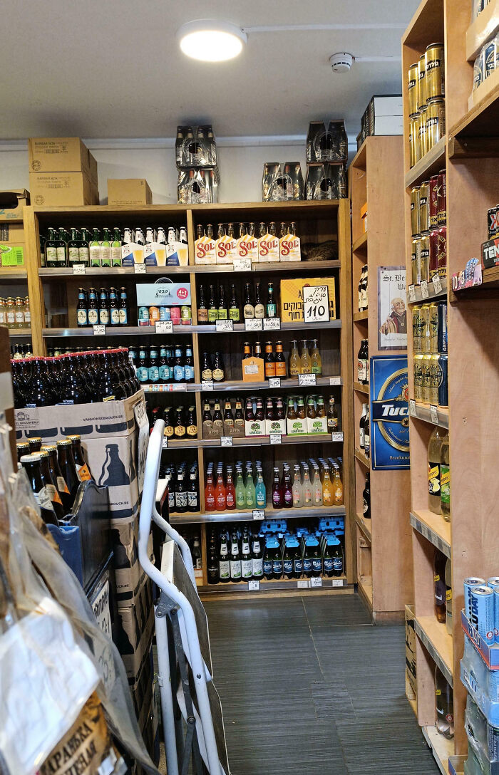 Cat blending into shelves filled with various drinks in a store, showcasing seamless cat camouflage in the background.