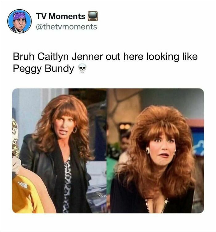 TV meme comparing Caitlyn Jenner’s hairstyle to Peggy Bundy’s iconic big hair in a funny and relatable TV memes post.