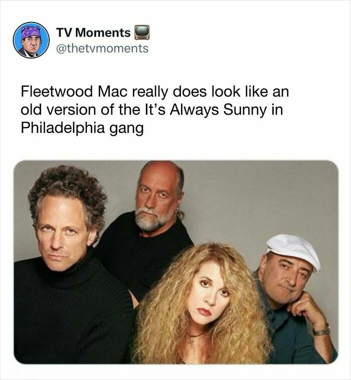 Image of Fleetwood Mac band members with a humorous TV meme comparing them to the It's Always Sunny in Philadelphia gang.