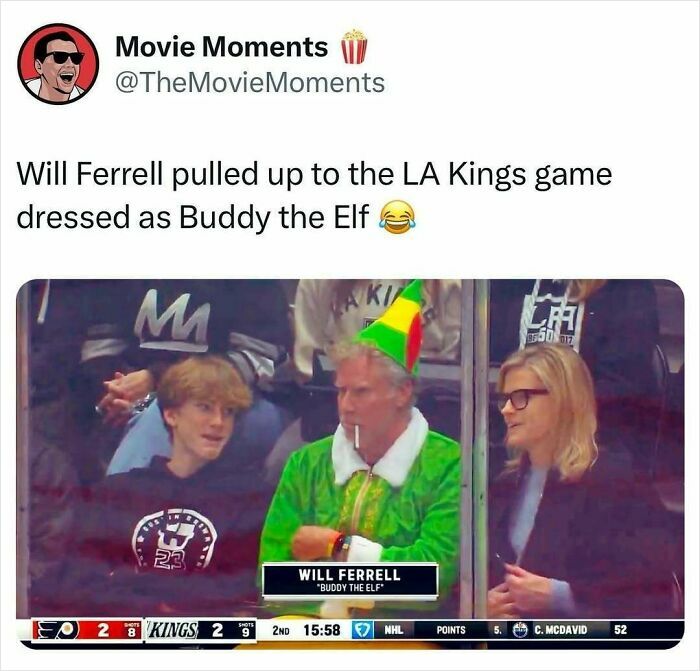 Will Ferrell at LA Kings game dressed as Buddy the Elf in a funny and relatable TV memes tweet.
