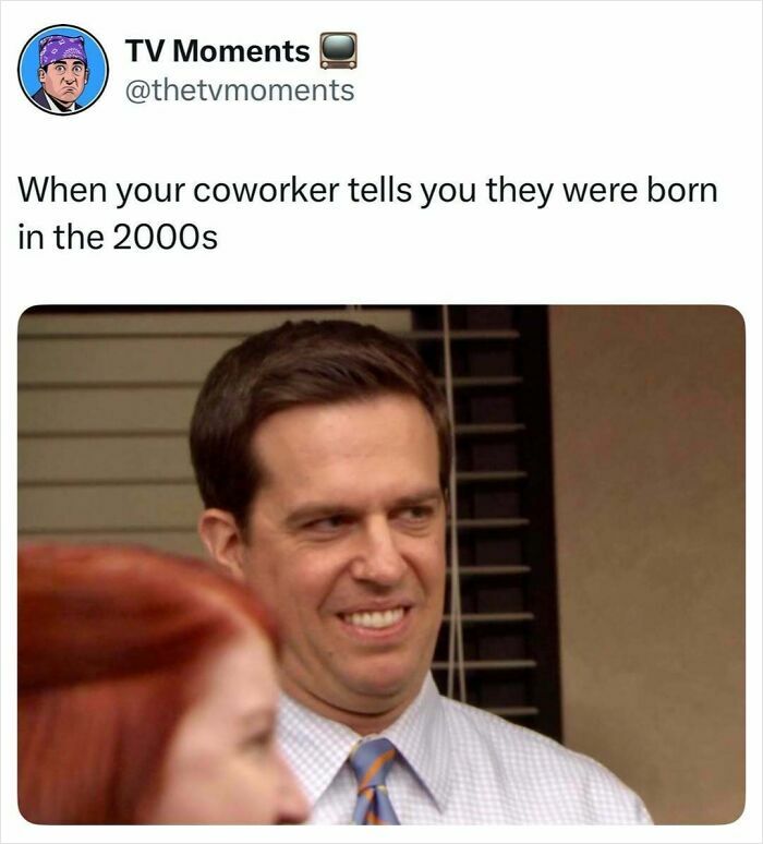 Man making a funny face in a TV meme about coworkers born in the 2000s, showing relatable TV memes humor.