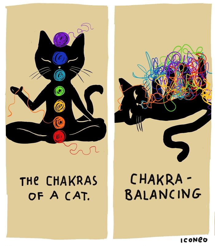 Candid illustration of a cat meditating with chakras and chaotic chakra balancing, reflecting on society through art.