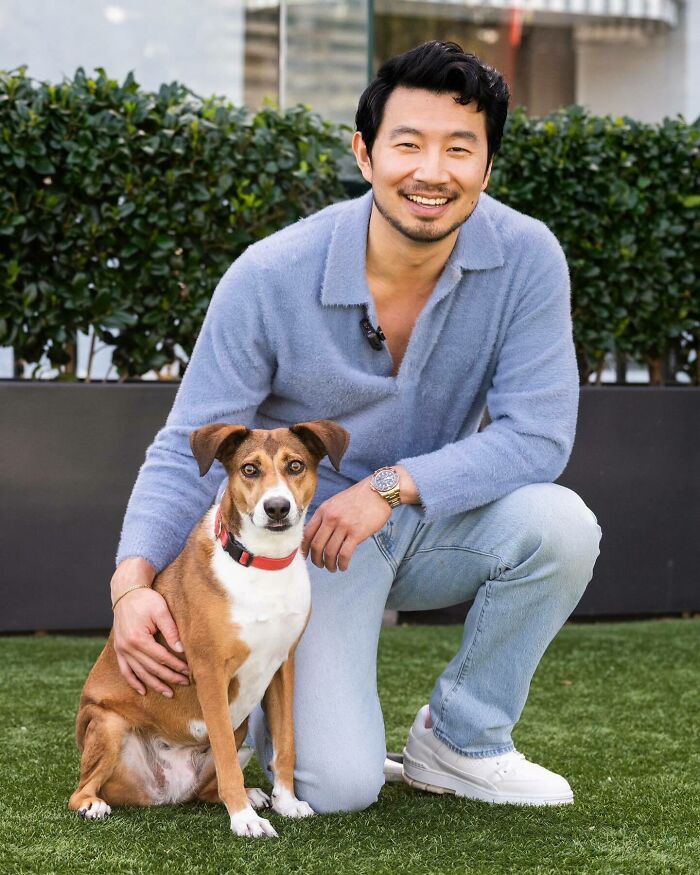 Smiling man crouching on grass with his dog, showcasing the most handsome man in the world 2025 vibe outdoors.