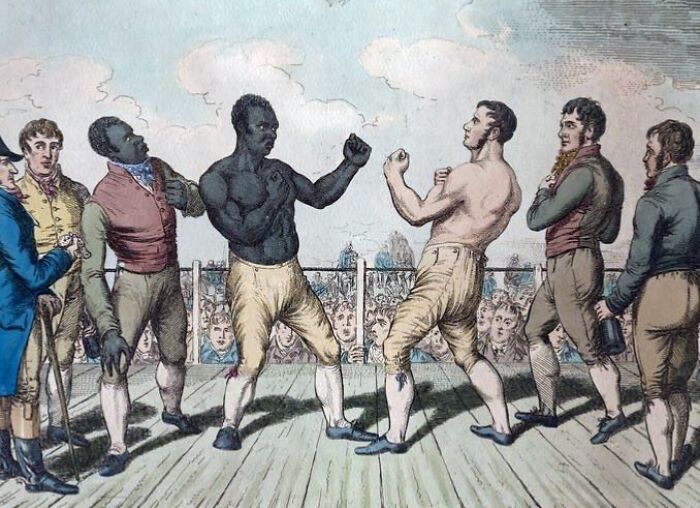Vintage illustration of two men in a bare-knuckle boxing match surrounded by spectators in historical dangerous sports.