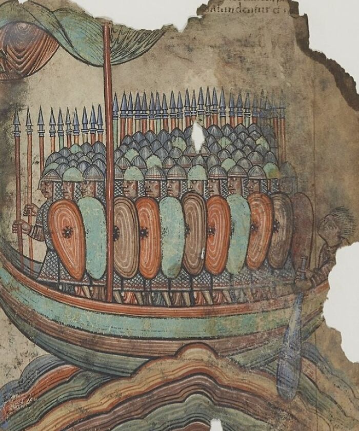 Ancient warriors with shields and spears on a boat, illustrating dangerous and unsafe historical sports activities.