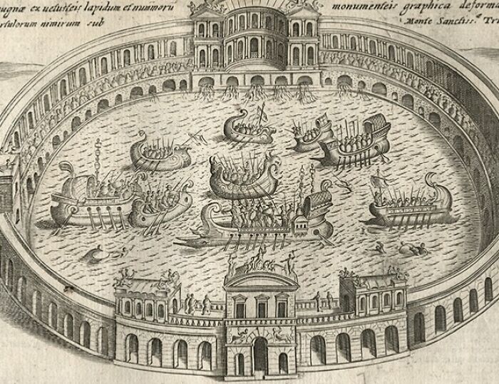 Engraving of an ancient arena showing dangerous and unhinged historical sports involving boats in water combat.