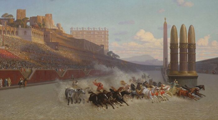 Ancient chariot race with horses and drivers in a large arena, showcasing a dangerous and unhinged historical sport.