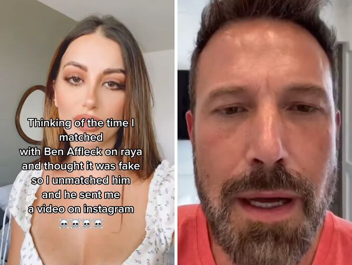 Split image showing a woman recalling an unmatched dating app match with Ben Affleck, capturing a funny oopsie moment.
