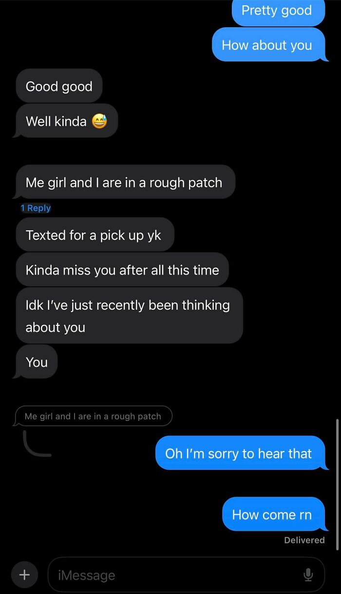 Text message conversation showing a woman serving brutal comeback to a creepy man during a rough patch.