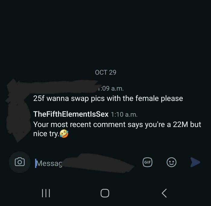 Screenshot of a woman serving a brutal comeback to a creepy man in a text message exchange.