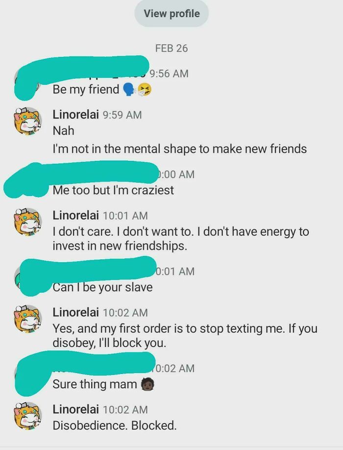 Chat conversation showing a woman serving a brutal comeback to a creepy man and blocking him promptly.