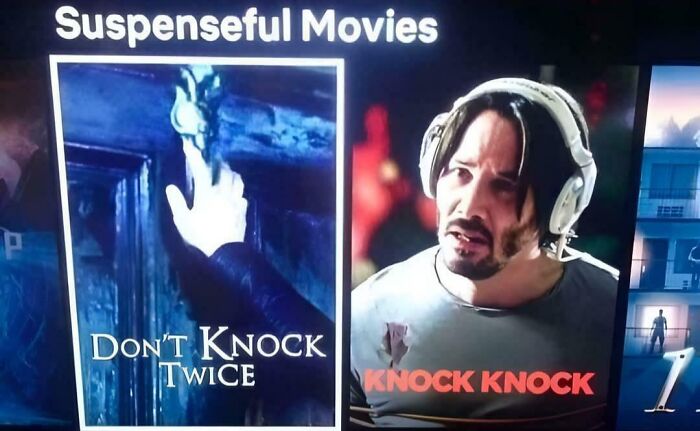 TV screen showing suspenseful movies Don't Knock Twice and Knock Knock with a man wearing headphones reacting humorously to the titles