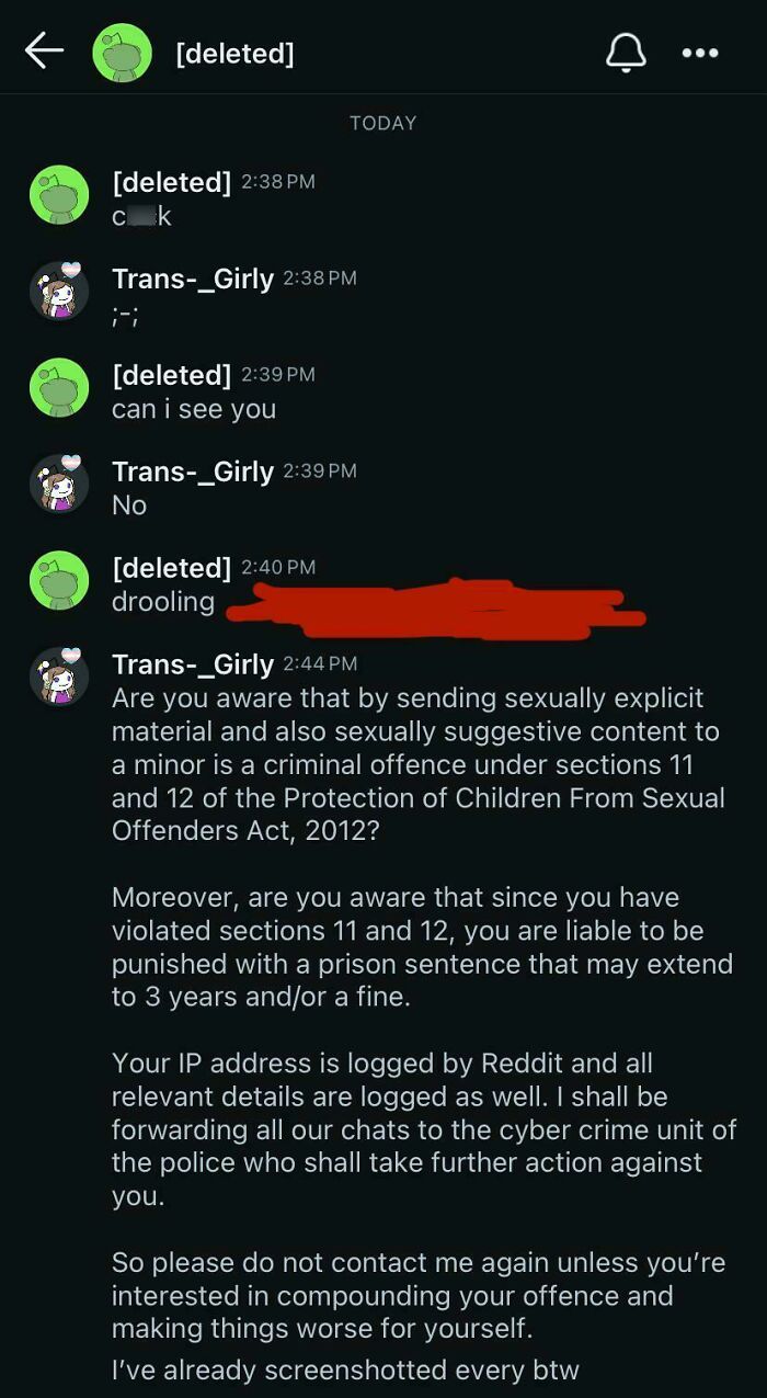 Chat conversation showing a woman serving a brutal comeback to a creepy man with legal warnings and no survivors.