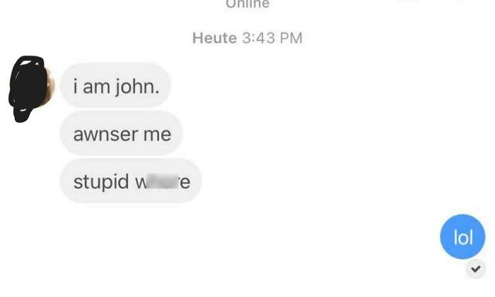 Screenshot of a creepy man's aggressive messages and a woman's short, confident comeback in a chat conversation.