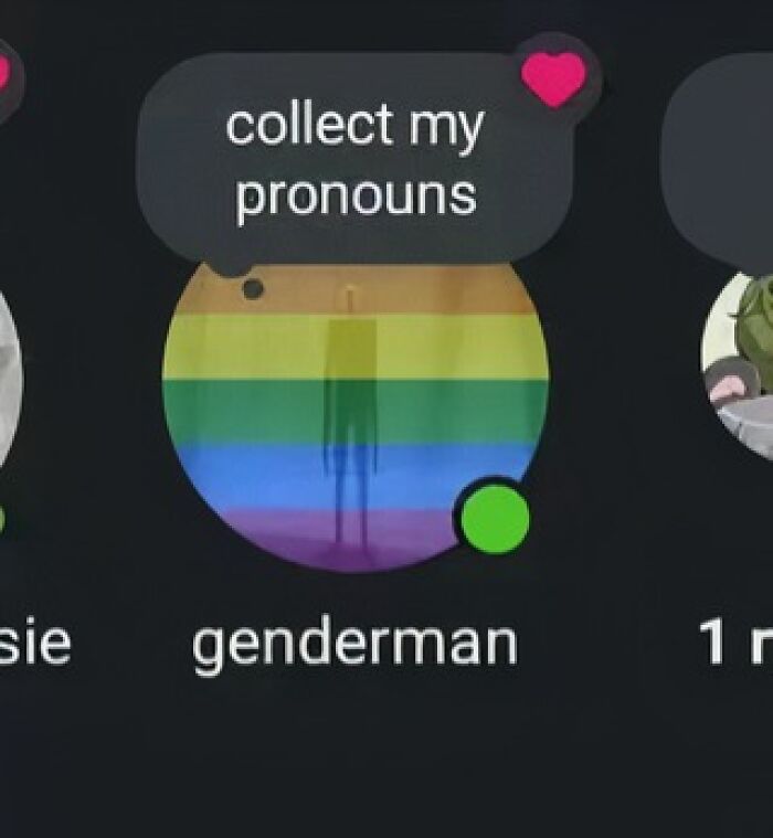 Chat profile icon with rainbow colors and text bubble saying collect my pronouns, related to evil thoughts memes.