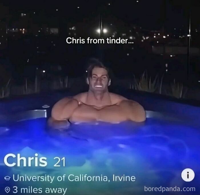 Man with exaggerated muscles in a hot tub at night, a meme representing evil thoughts with confusing humor.