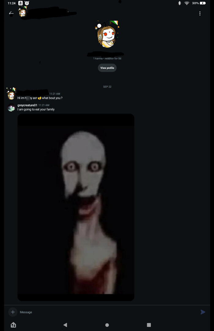 Reddit chat screenshot showing a creepy message with a disturbing image in a thread about women serving brutal comebacks.