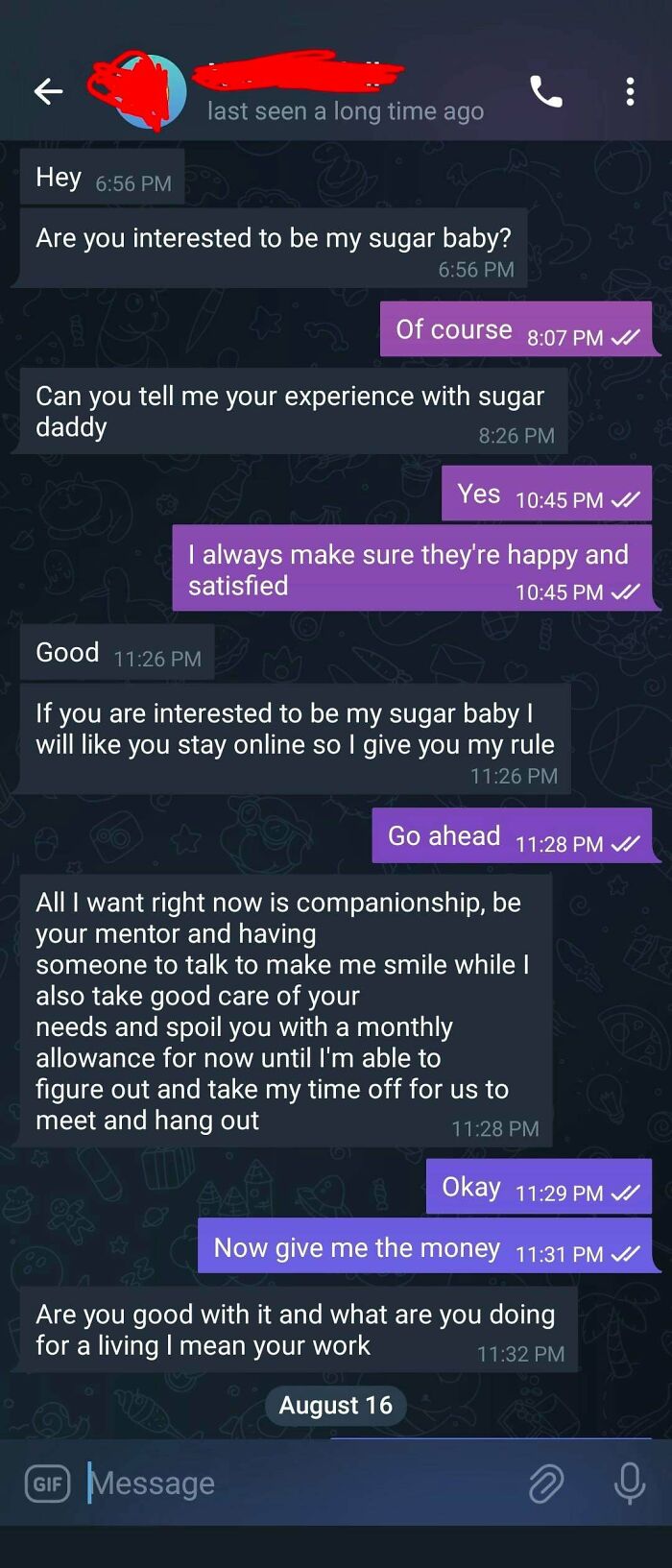 Chat conversation showing brutal comebacks by a woman responding to creepy man's sugar baby request.