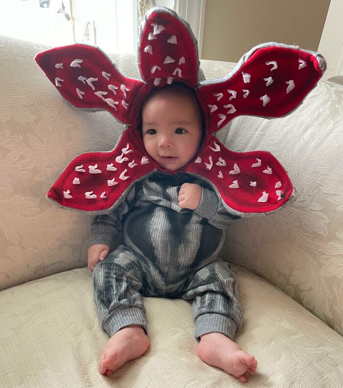 Baby dressed in a creative Halloween costume with a large red flower headpiece sitting on a beige couch, kids costume ideas
