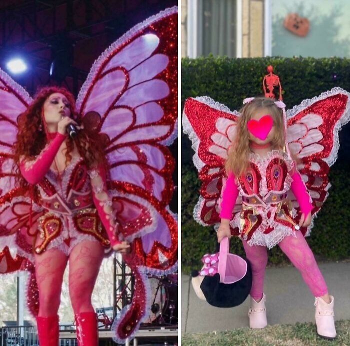 Woman and child wearing matching butterfly wings and colorful costumes as amazing kids Halloween costume ideas.