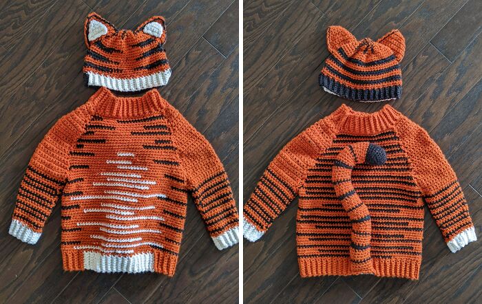 Kids' Halloween costume idea featuring an orange and black striped tiger sweater and matching hat with ears and tail.