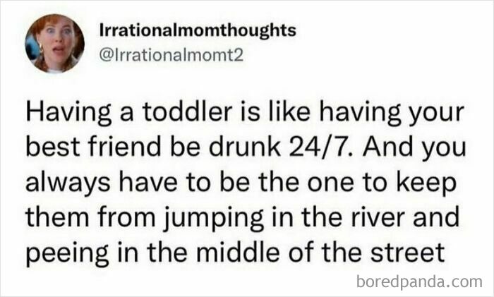 Parenting meme comparing toddlers to drunk friends, highlighting relatable moments in everyday parenting struggles.