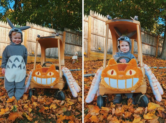 Child in creative Halloween costume next to a cat-themed toy car surrounded by autumn leaves, perfect kids' Halloween costume idea.