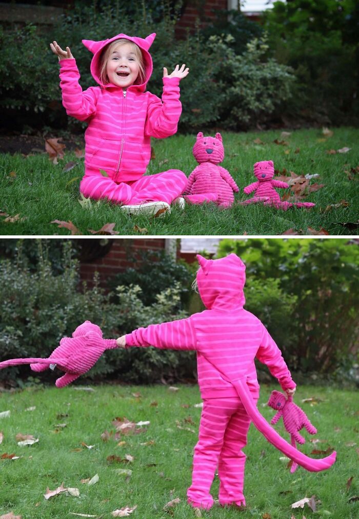 Child in a pink striped Halloween costume with cat ears and tail playing outside with matching plush toys, kids Halloween costume ideas.