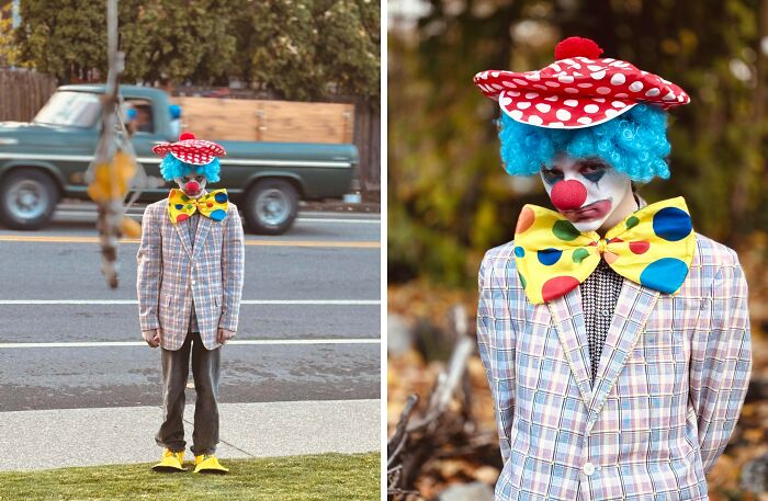 Child dressed as a colorful clown with blue wig and oversized bow tie among amazing kids Halloween costume ideas.