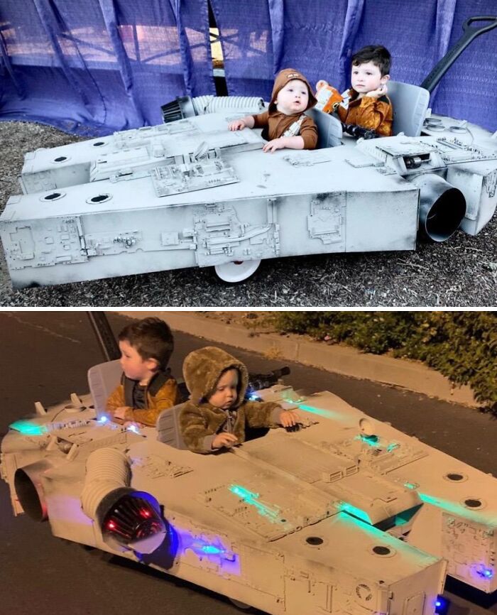 Two kids in Halloween costumes riding a detailed Star Wars-themed kids' Halloween costume idea vehicle with lights.