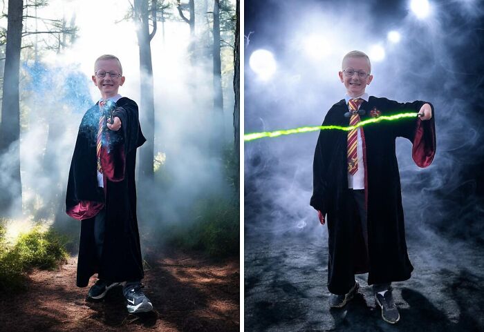 Boy in a magical wizard Halloween costume casting spells surrounded by mist in a forest setting, kids Halloween costume ideas.
